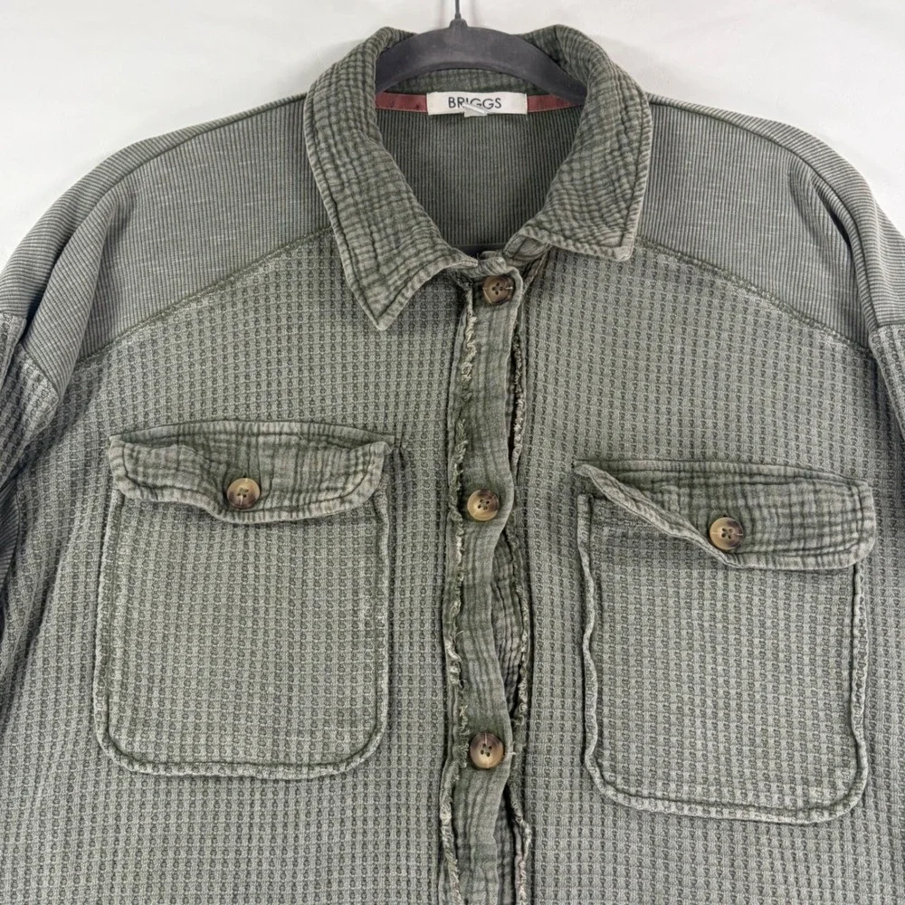 Briggs Womens XL Sage Green Waffle Knit Shacket Mixed Media Button Down Shirt